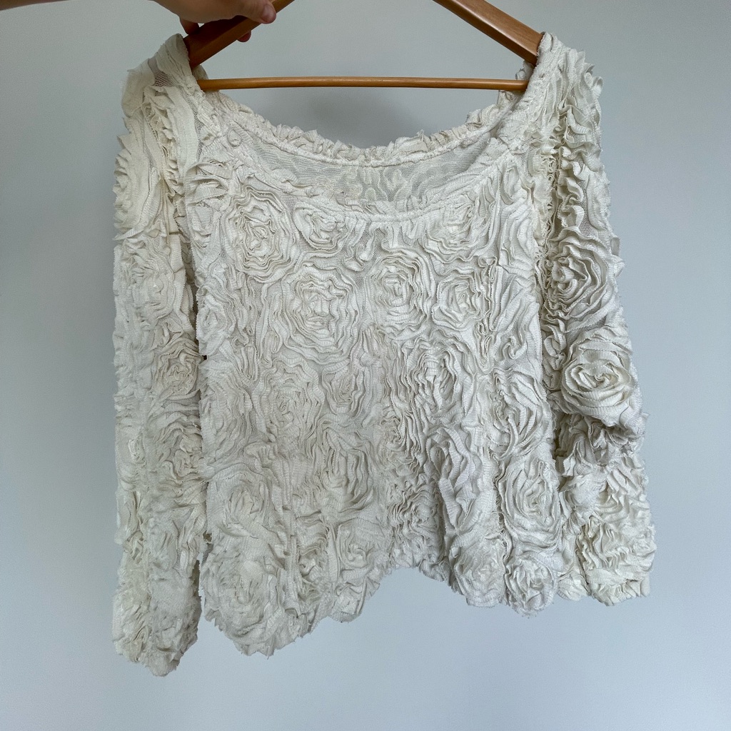 White Floral Swoop Neck, Off The Shoulder American Apparel Sweater, One Size
